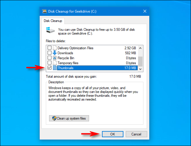 Удаление миниатюр в Windows 10 через Очистку диска