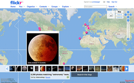 Интерфейс геотегирования Flickr: пример карты с миниатюрами фотографий