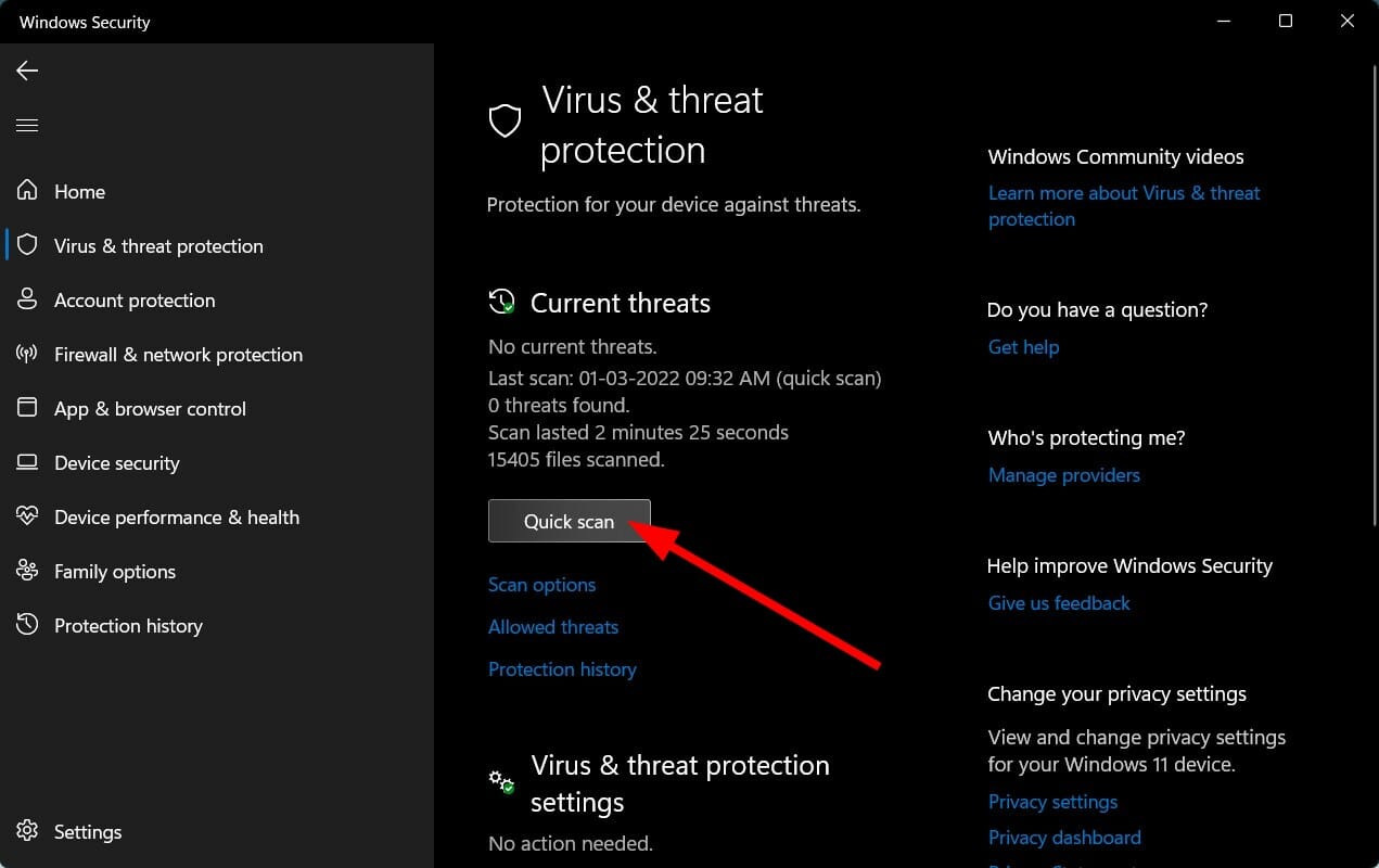 Кнопка «Быстрая проверка» в Windows Security