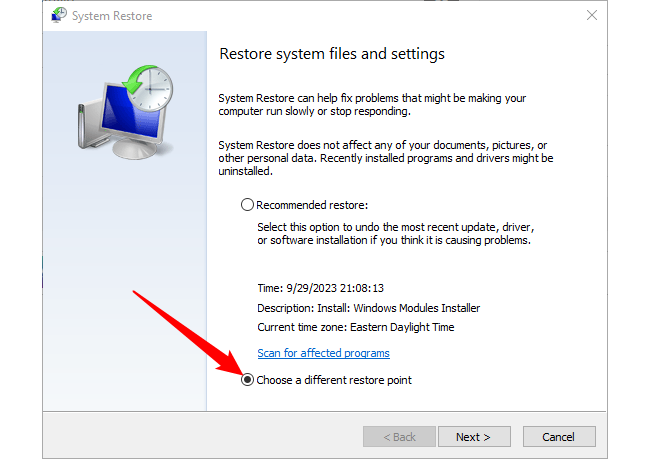 Выберите точку восстановления и нажмите 