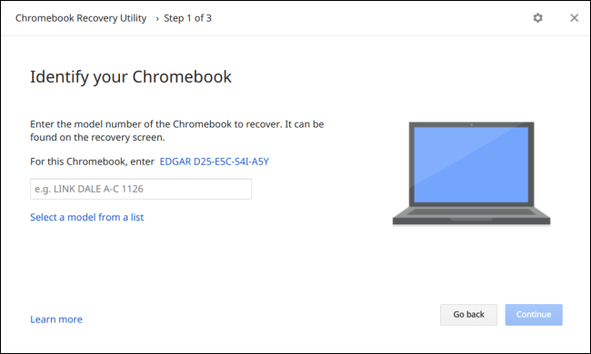 Утилита восстановления Chromebook показывает модель устройства