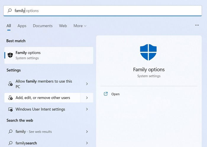 Параметры Семья и другие пользователи