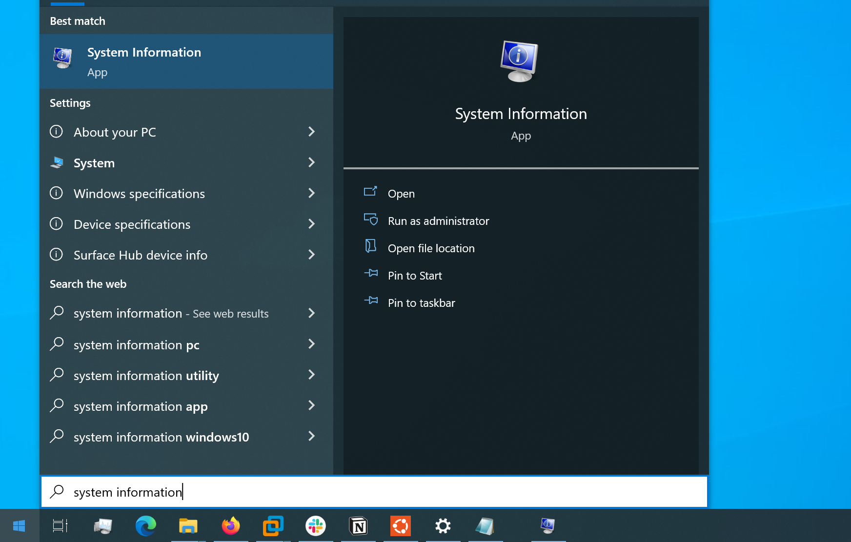 Поиск «Сведения о системе» в меню Пуск