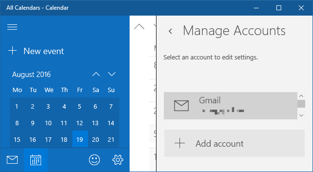 Окно добавления аккаунта в настройках Календаря