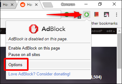 Скриншот вкладки настроек AdBlock с выделенным пунктом Options