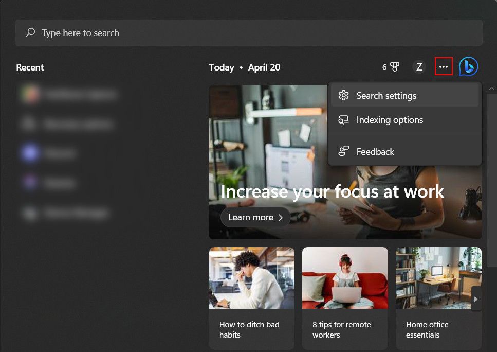 Окно с доступом к параметрам поиска