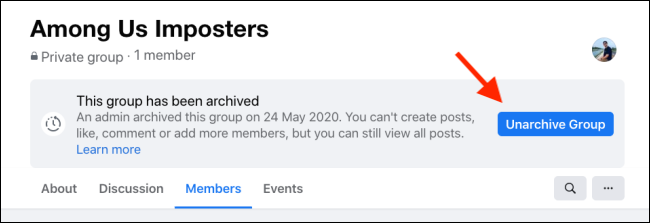 Нажмите «Unarchive Group», чтобы восстановить группу