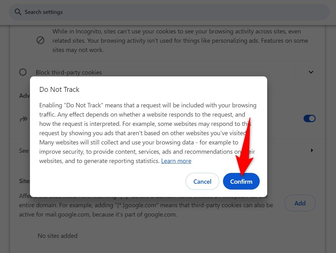 Кнопка Confirm в диалоге Do Not Track в Chrome