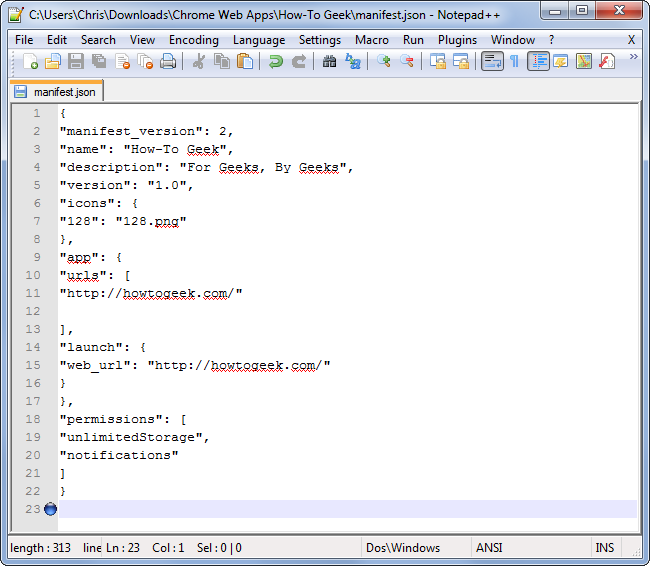 Пример файла manifest.json для веб‑приложения Chrome