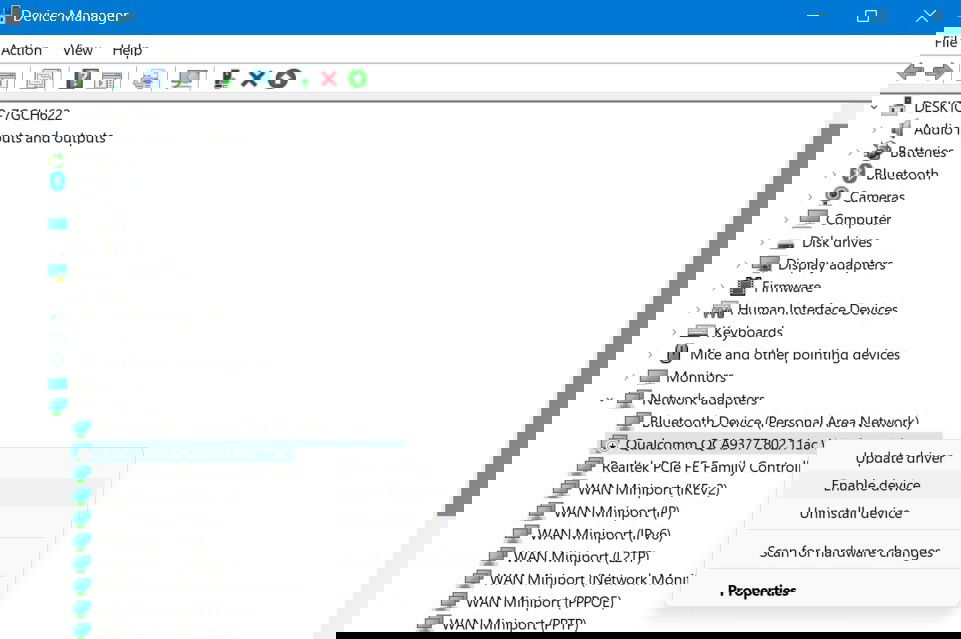 Включение адаптера через Диспетчер устройств