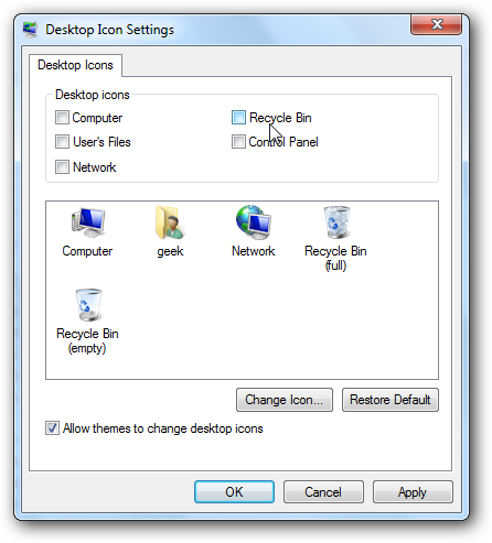 Снимите галочку «Корзина» и нажмите ОК в Windows 7/8