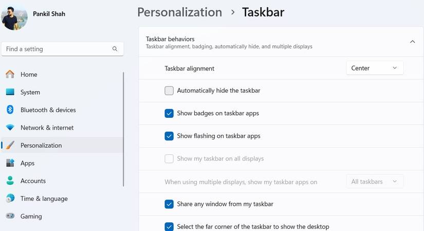 Параметры отображения панели задач в Windows 11