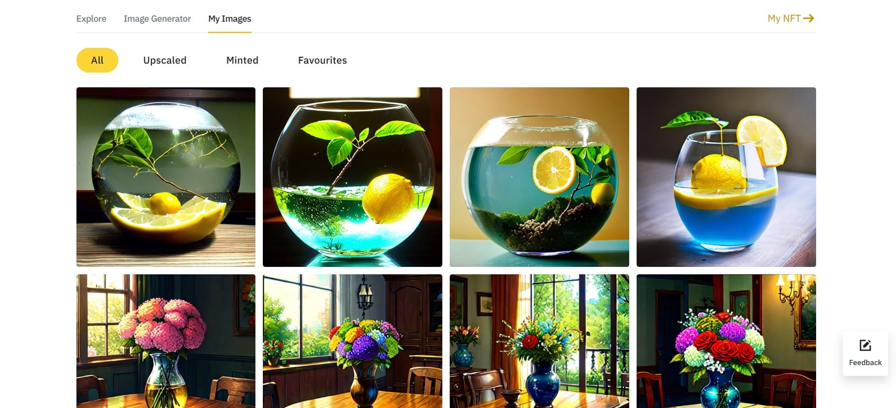 Скриншот списка сгенерированных изображений в аккаунте Bixel