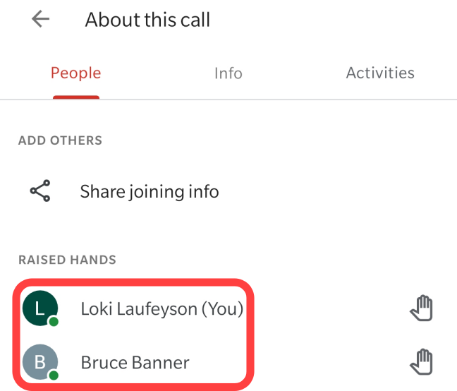Список поднятых рук в мобильном приложении, отсортированный по времени.