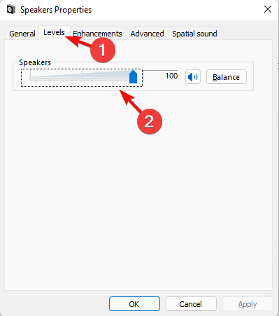Регулировка уровней громкости в свойствах устройства