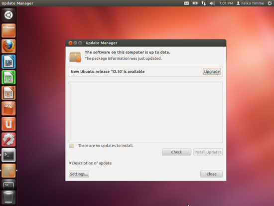 Кнопка Upgrade для перехода на Ubuntu 12.10
