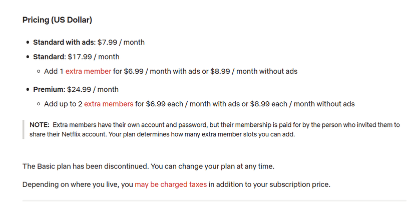 United States Netflix plan listing