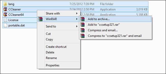 Добавление файлов CCleaner в новый архив WinRAR