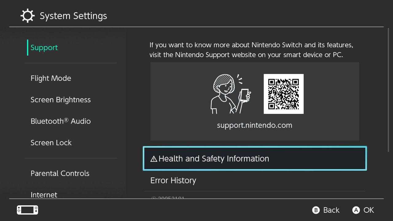 Скриншот настроек поддержки Nintendo Switch с выделенным пунктом «Health and Safety Information»