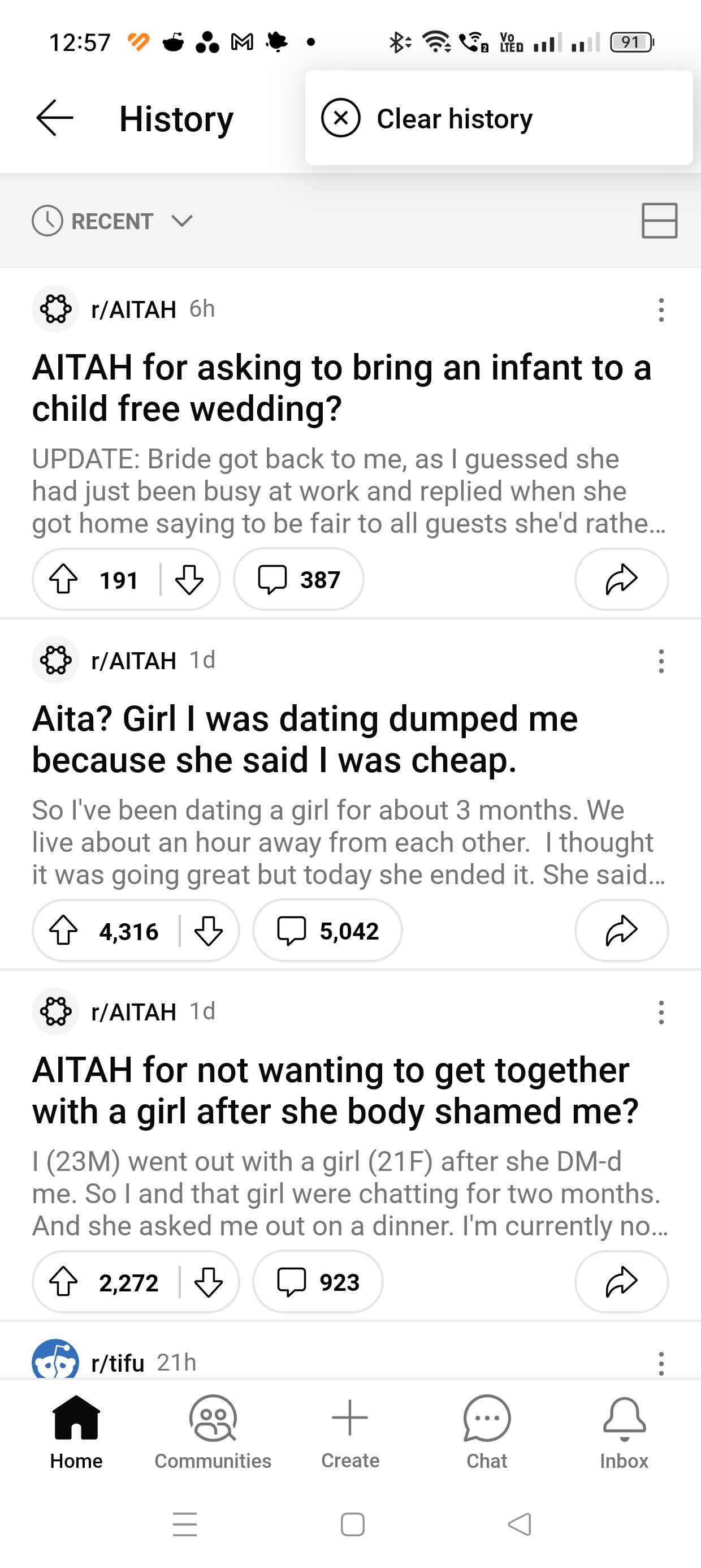 Опция «Очистить историю» в приложении Reddit