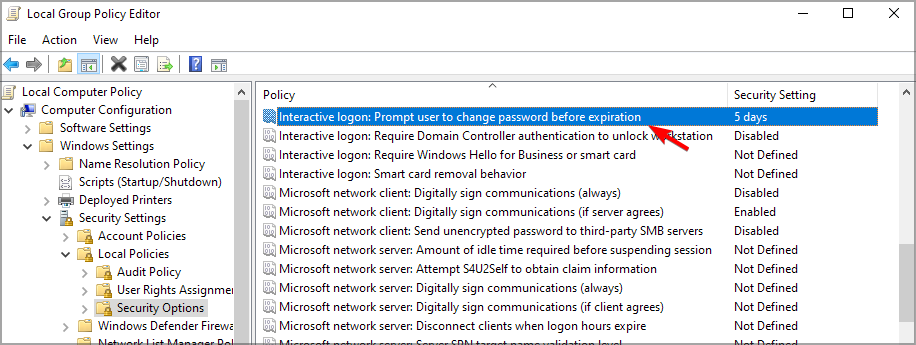 Выбор параметра Interactive Logon в оснастке групповой политики