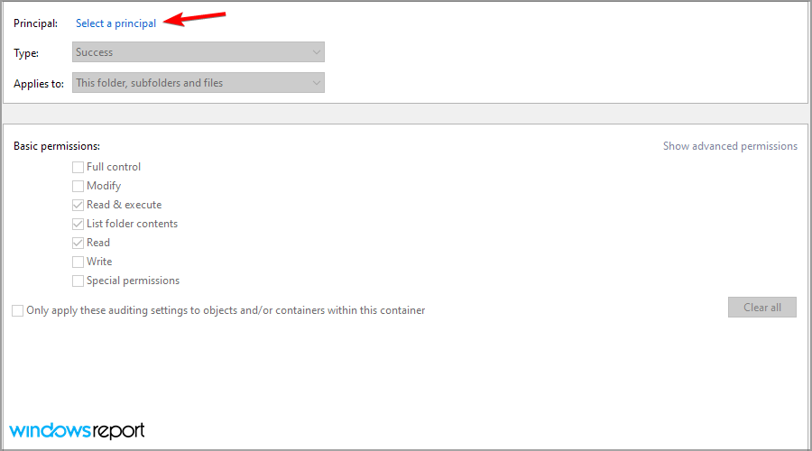 Установка полного доступа для выбранного принципала