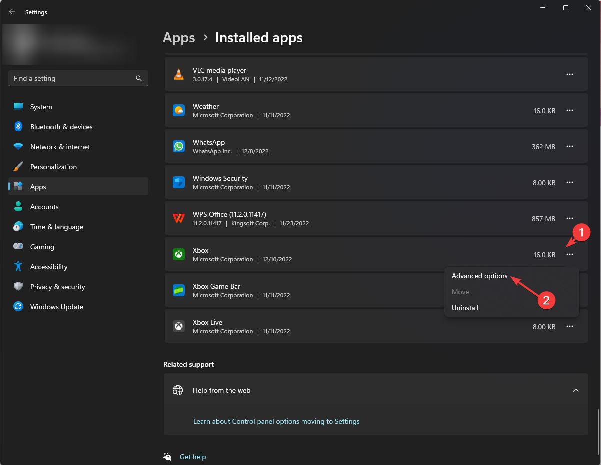 Снимок экрана: дополнительные параметры приложения Xbox