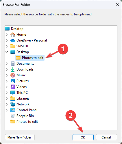 Выбор папки с изображениями — проводник файлов