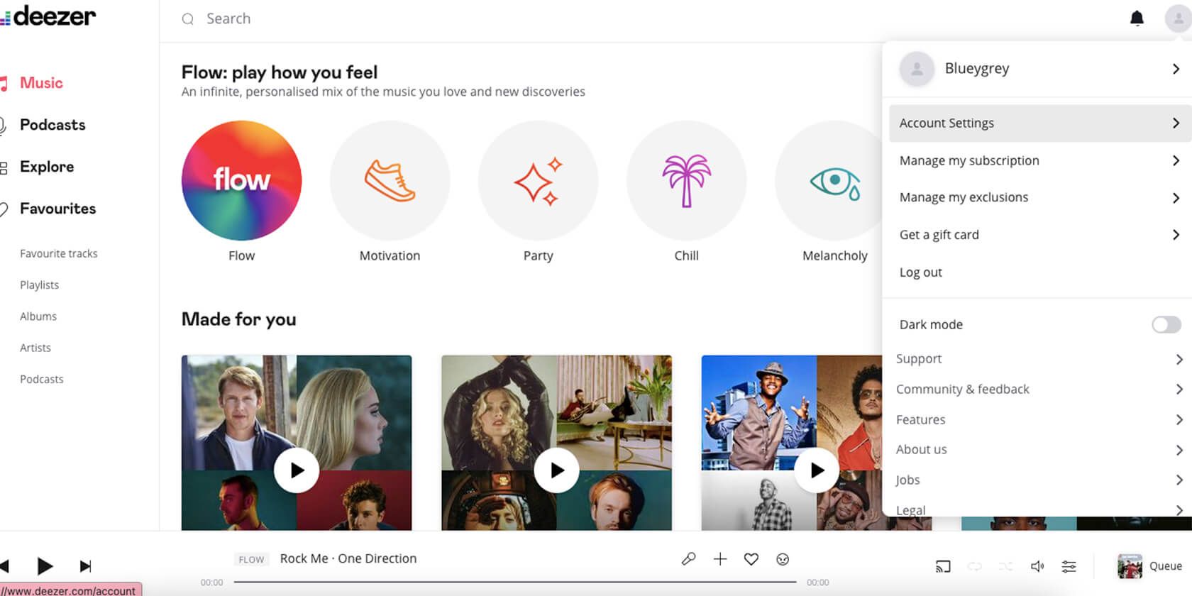 Deezer settings on browser