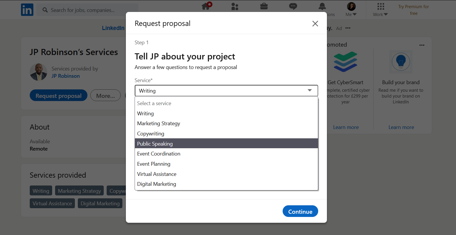 Запрос предложения у провайдера в Services Marketplace LinkedIn