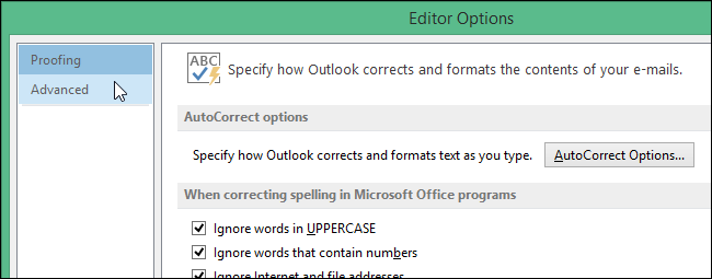 Выбор раздела Дополнительно в Параметрах редактора