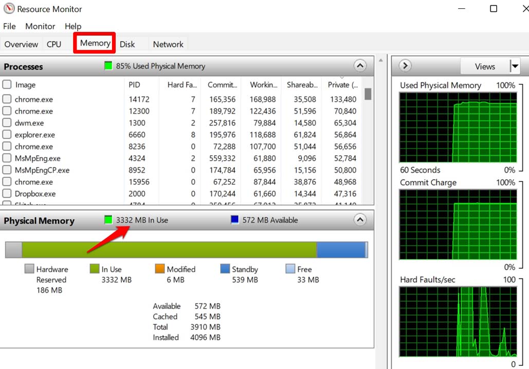 resource monitor memory usage check