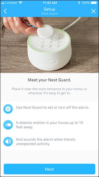 Экран приветствия установки Nest Guard в приложении