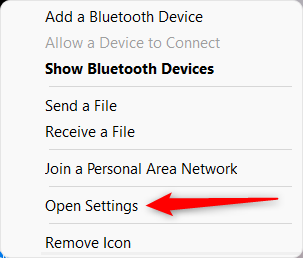 Нажмите Открыть параметры в меню Bluetooth.