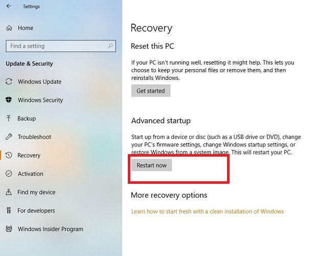 Advanced Startup Restart Now