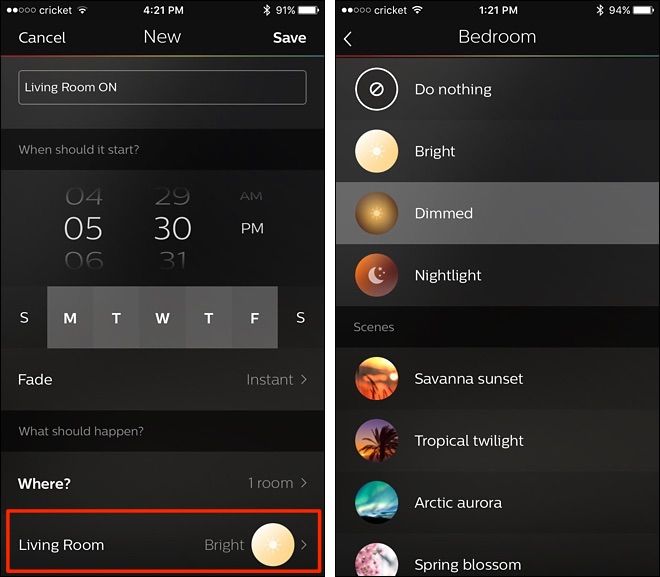 Выбор уровня яркости или сцены для рутины