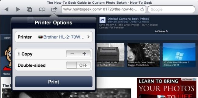 Диалог выбора копий и двусторонней печати в iOS