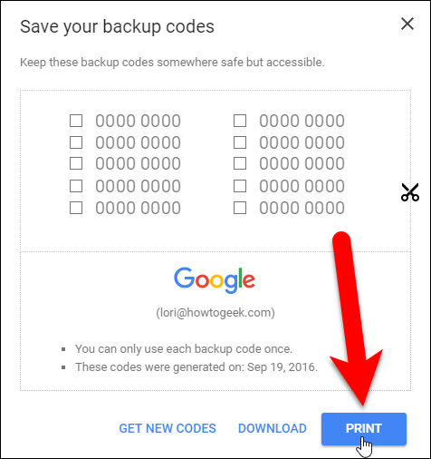 Сохранение и печать резервных кодов