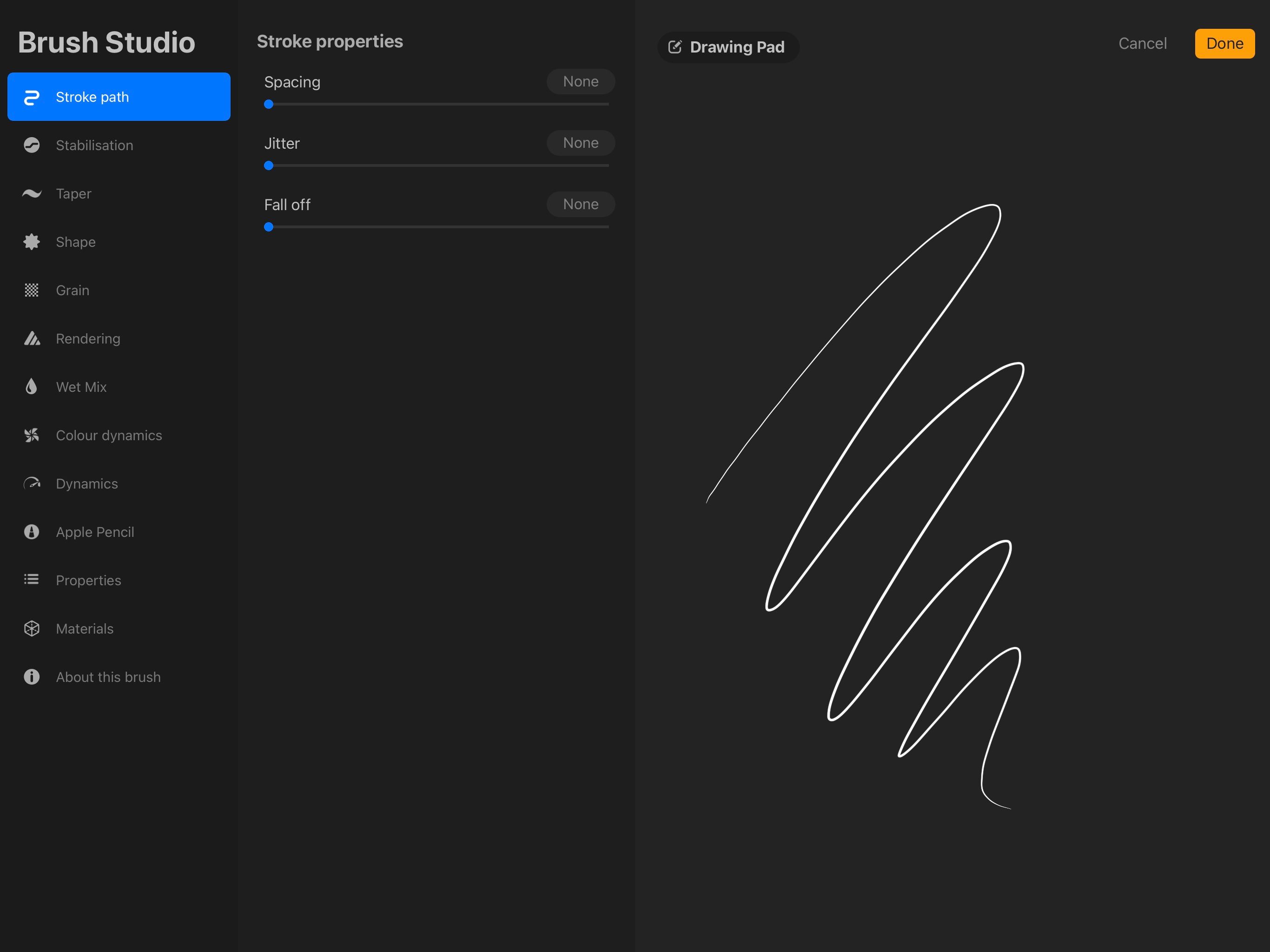 Окно Brush Studio с выделенным разделом Stroke Path.