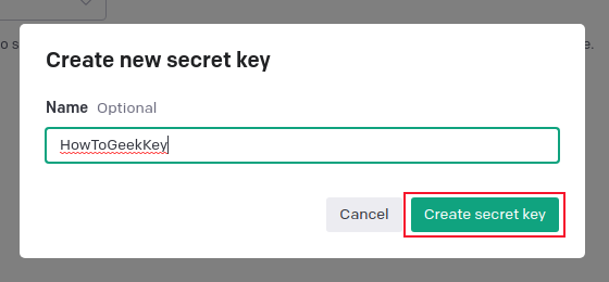 Ввод имени ключа и кнопка создания секретного ключа