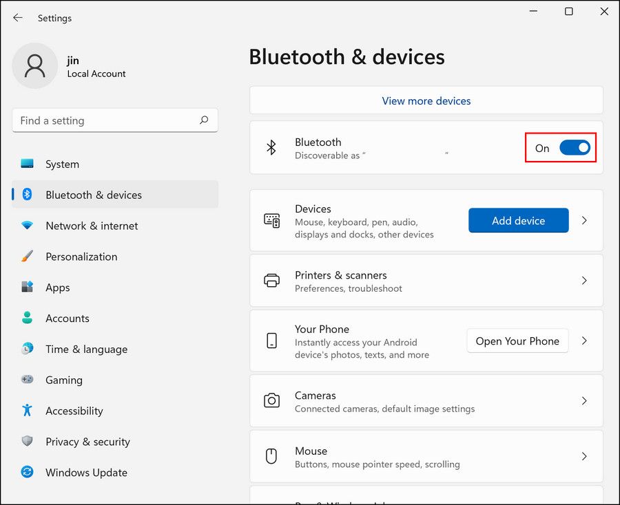 Переключатель Bluetooth в параметрах Windows