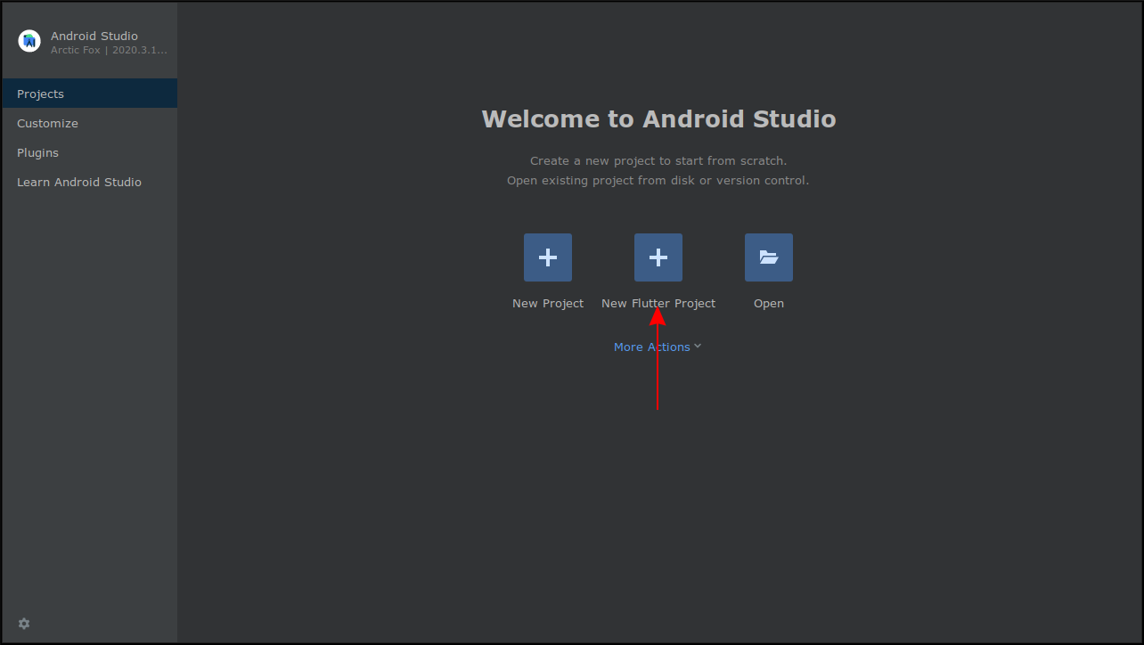 Скриншот стартовой страницы Android Studio с кнопкой создания Flutter проекта