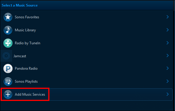 Кнопка Add Music Services в Sonos