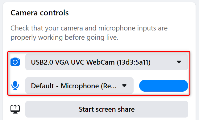 Выберите камеру и микрофон для трансляции.
