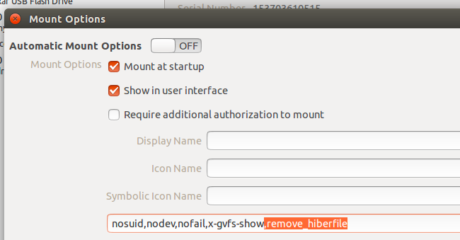 Снимок экрана: опция добавить remove_hiberfile для NTFS