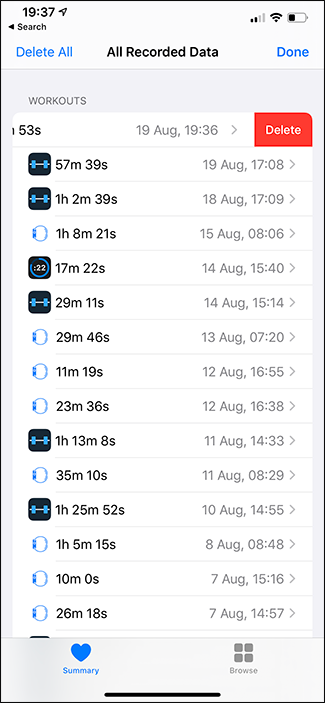 Подтверждение удаления тренировки и данных в приложении Здоровье