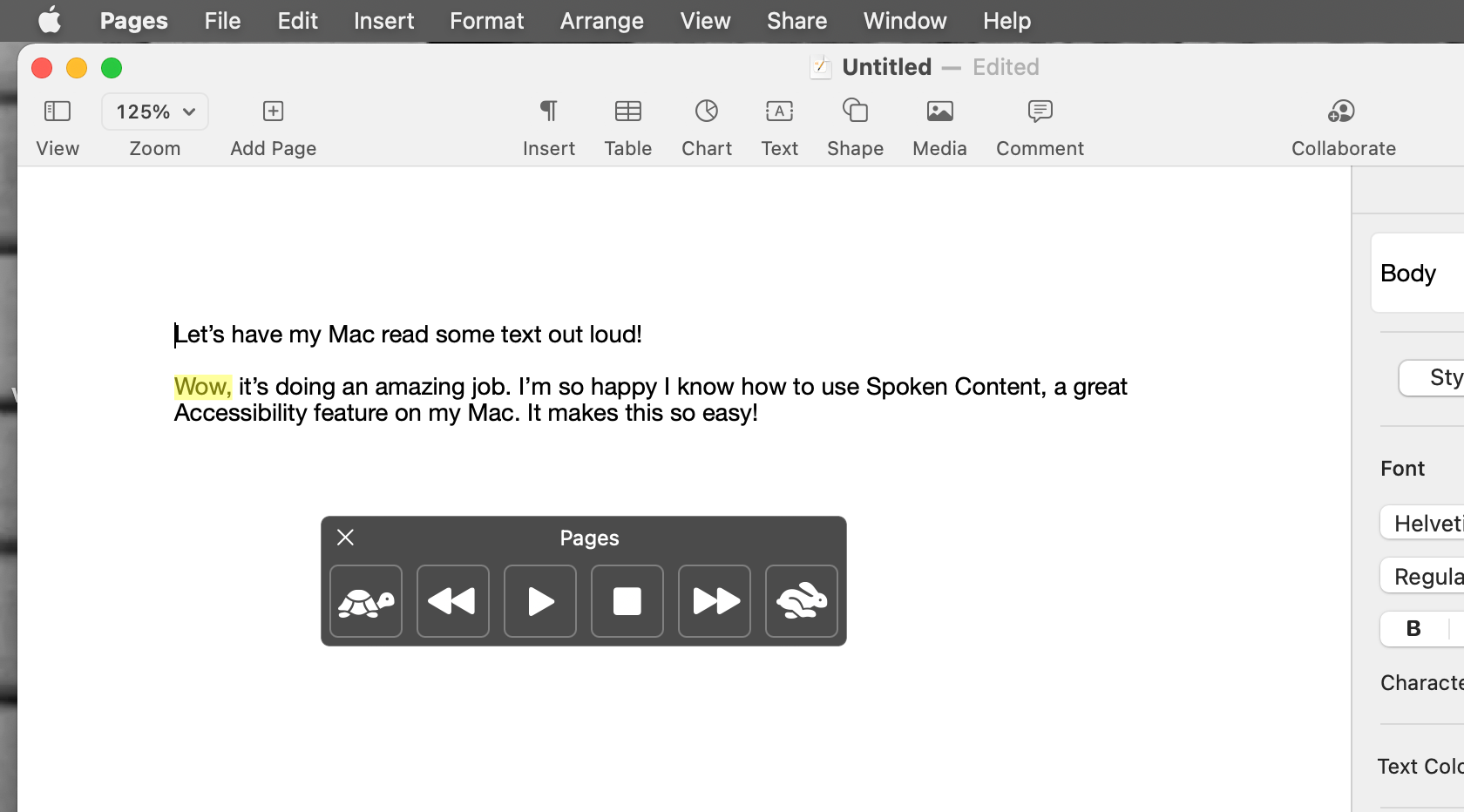 Spoken Content читает текст из Pages на MacBook Pro