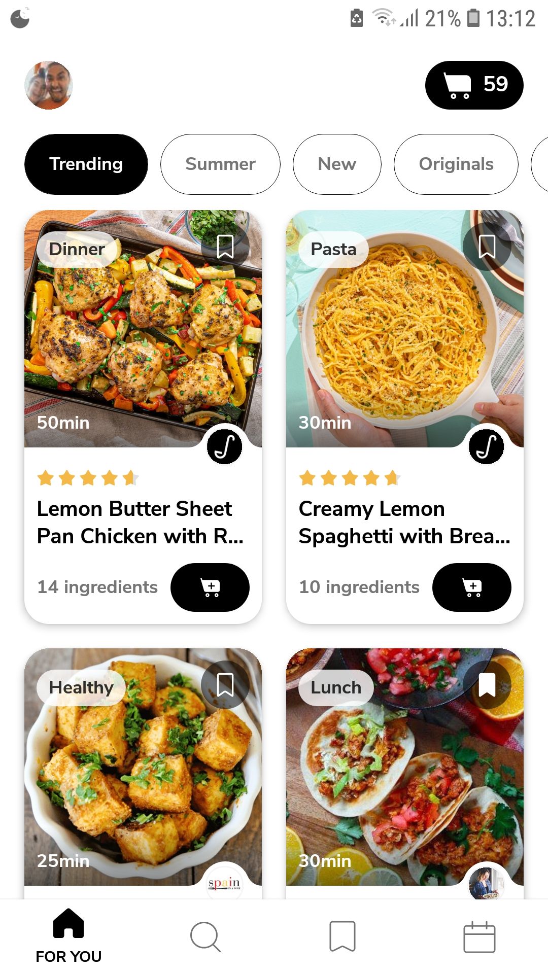Главный экран SideChef с рецептом и планированием питания на мобильном устройстве
