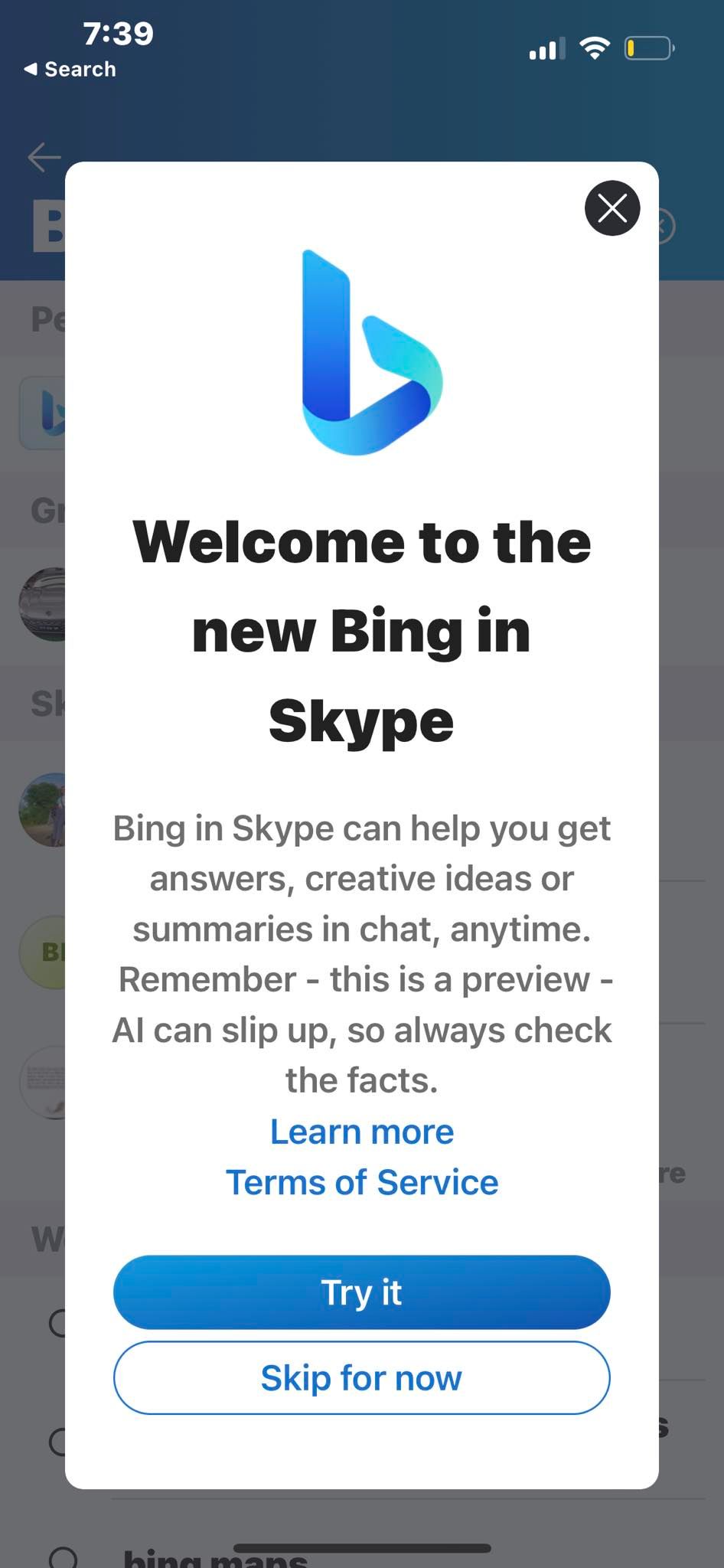 Bing Chat Try It Prompt on Skype Mobile