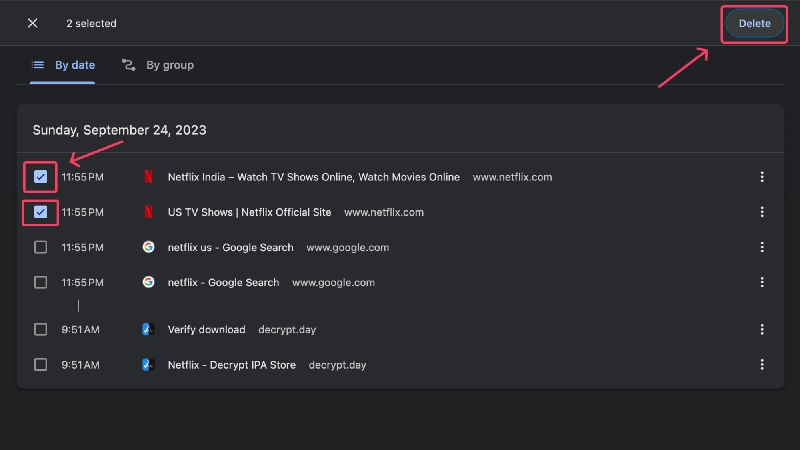 delete individual history in chrome